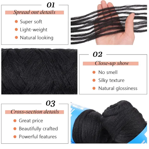 Miniatura 3 de 8 piezas de lana brasileña para trenzas, negro natural, cabello de lana brasileña para trenzar para mujeres, hilo para cabello para locs falsos