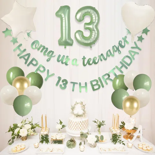 Miniatura 3 de Guirnalda de globos de aluminio con texto en inglés «Omg Ur A Teenager, Happy 13th Birthday» de color verde salvia, decoración oficial de 13