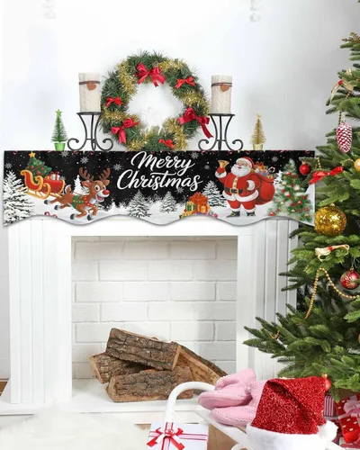 Miniatura 4 de Bufanda de repisa de Navidad de 60 x 17 pulgadas, decoración de chimenea de Papá Noel de Navidad color negro, cubierta de mantel de invierno
