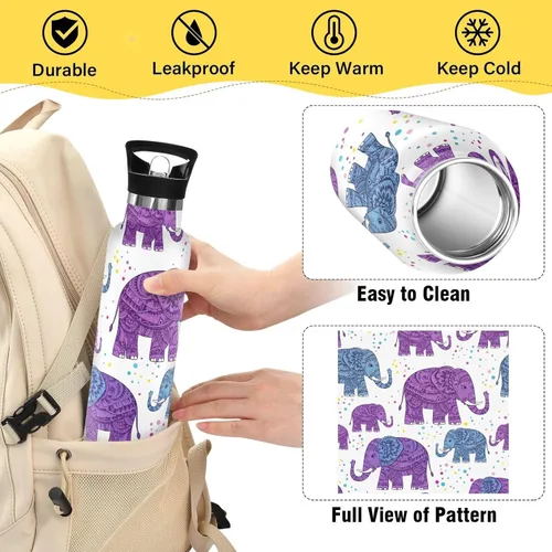 Miniatura 4 de Kids Water Bottle with Straw for School 20 Oz Bottle for Boys Girls, BPA-Free, Cute Purple Elephants Purple Blue