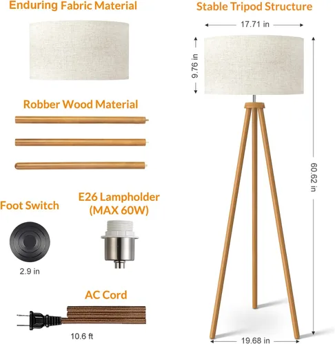 Miniatura 6 de LEPOWER Lámpara de pie de trípode de madera, lámpara de pie de mediados de siglo para sala de estar, pantalla de lámpara color lino, lámpara de pie