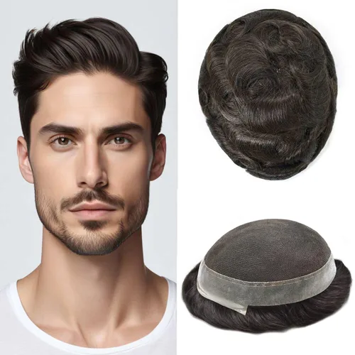 Miniatura 16 de Toupee para hombres, centro de encaje francés, extensiones de cabello humano, sistema de reemplazo de encaje con piel fina, prótesis de cabello gris