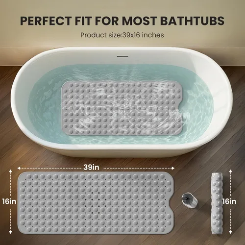 Miniatura 3 de Alfombrilla antideslizante para bañera, extra grande de 39x16 pulgadas con agujeros de drenaje y ventosas, lavable a máquina, color negro