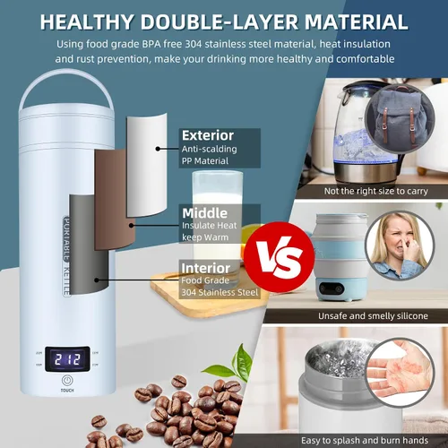 Miniatura 5 de Hervidor Eléctrico de Viaje Portátil Pequeño Mini Hervidor de Té y Café, Hervidor de Agua con 4 Controles de Temperatura, Acero Inoxidable 304