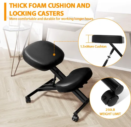 Miniatura 4 de Himimi Silla ergonómica para arrodillarse, piel sintética, cojines gruesos y cómodos de espuma moldeada, ruedas de freno, taburete ajustable