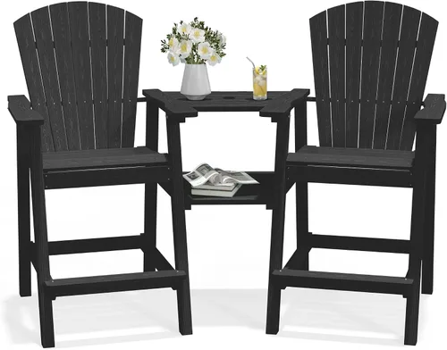 PLUUV Juego de 2 sillas Adirondack altas con bandejas de conexión dobles, sillas de alta densidad para todo tipo de clima, taburetes de bar