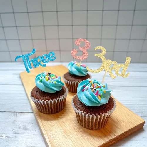 Miniatura 8 de 24 piezas de adornos para cupcakes de tercer cumpleaños, adornos para cupcakes de tercer cumpleaños con purpurina, tres adornos para cupcakes