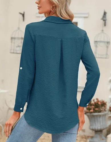 Miniatura 56 de Odosalii - Camisas con botones para mujer, con cuello en V, manga larga, enrolladas, blusas elegantes y formales para negocios y ocasiones casuales