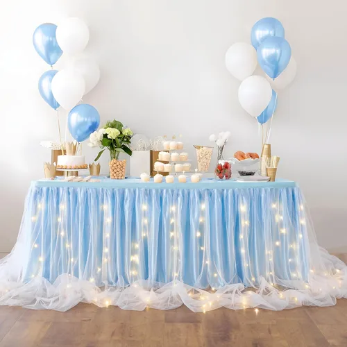 Miniatura 5 de Falda de mesa de tul con volantes,tutú de mesa LED, rosa, blanco, azul o gris. Falda para mesas rectangulares, para baby shower, boda o decoración