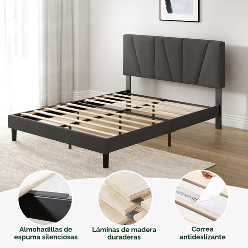 Miniatura 5 de Zinus - Base de cama Maya tapizada tamaño Full con cabecero asimétrico, listones de madera duraderos, estructura resistente, sueño sin ruido,