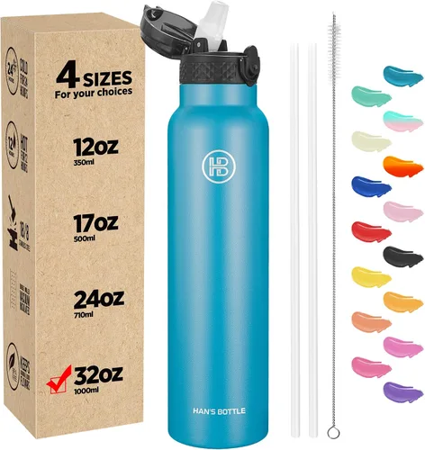 Miniatura 19 de Han's Bottle - Botella de agua para niños con tapa con pajilla - Vaso reutilizable de acero inoxidable aislado para niñas, niños, taza termo, 17