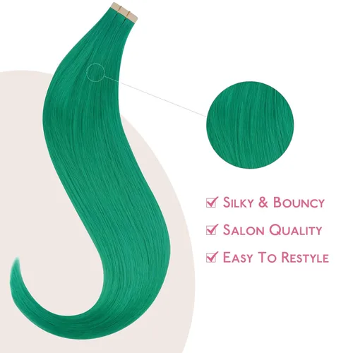 Miniatura 4 de Wennalife Extensiones de cabello humano con cinta, extensiones de cabello humano color verde, 10 unidades, 0.88 oz, 14 pulgadas, extensiones