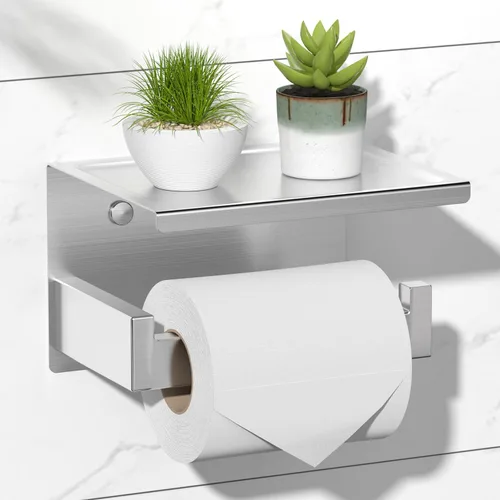 Miniatura 9 de HITSLAM Soporte de papel higiénico con estante, soporte para rollo de papel higiénico cromado autoadhesivo o montaje en pared con estante