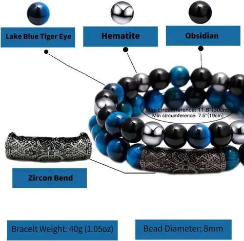 Miniatura 18 de 2Pcs Triple Protection Bracelet,Natural Tigers Eye Black Obsidian and Hematite 8 MM Beads Bracelet for Men Women Gift, Healing Crystal Bracelet