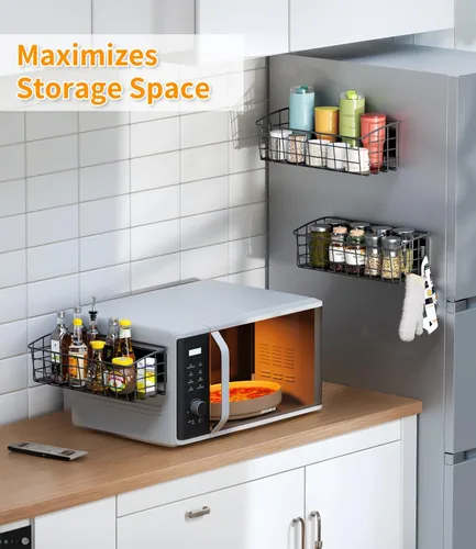 Miniatura 3 de Estante magnético para refrigerador, paquete de 2, estante magnético fuerte para especias con ganchos extraíbles para almacenamiento de cocina