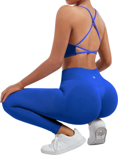 Miniatura 5 de SUUKSESS Conjuntos de entrenamiento sin costuras para mujer, sujetador deportivo con tiras y cintura alta, pantalones cortos