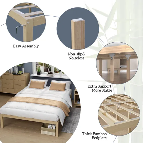 Miniatura 7 de Marco de cama de bambú tamaño completo con plataforma de madera sólida estable con listones antideslizantes, soporte para cama alta, no necesita