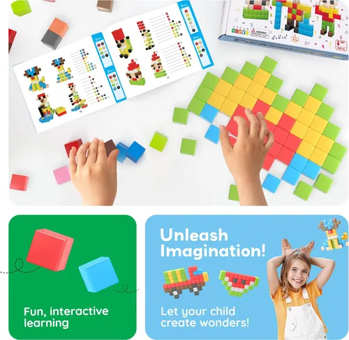 Miniatura 5 de PicassoTiles 102 piezas Cubo de rompecabezas magnético de píxeles de 1" Mezcla y combina juguetes con Ideabook STEM Educación de aprendizaje Bloques