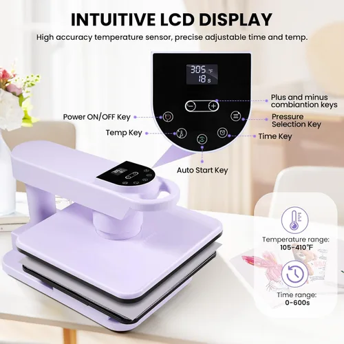Miniatura 8 de Máquina de prensa de calor automática de doble banco de trabajo, 360° Swing Away 15x15 prensa inteligente para camisetas con liberación automática