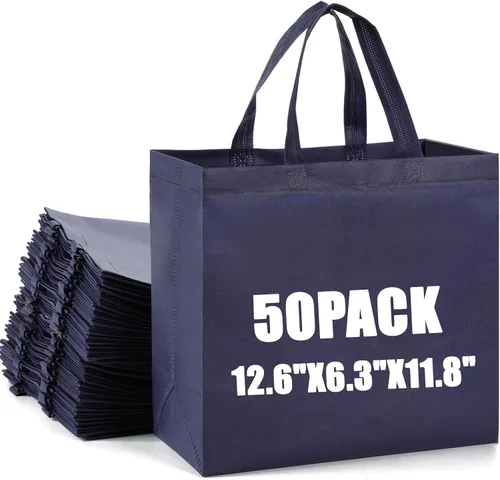 50 piezas de bolsas de compras reutilizables de tela no tejida, bolsas grandes plegables tipo tote con asas, bolsa de mano para comestibles a granel