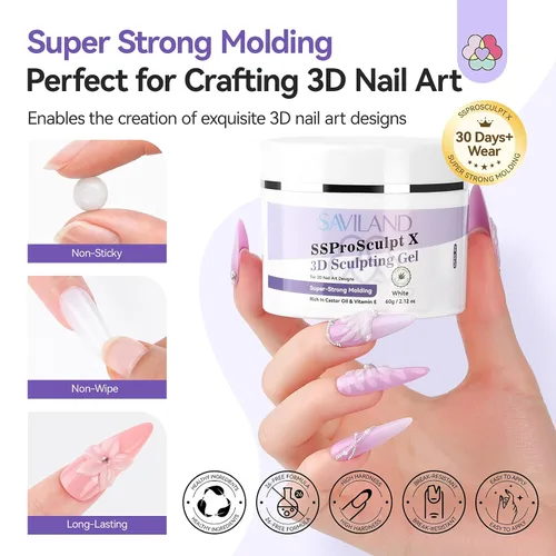 Miniatura 5 de SAVILAND 60 g Gel de uñas 3D: Escultura de arte de uñas en gel 3D moldeado fuerte Blanco Gel de escultura sin necesidad de limpieza para extensión