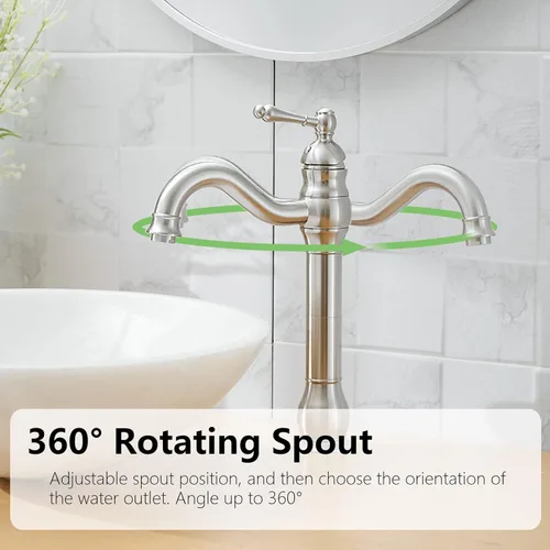 Miniatura 2 de Grifo de fregadero de níquel cepillado giratorio de 360° para baño, un solo agujero, casa de campo, alto, comercial, a juego, drenaje desplegable