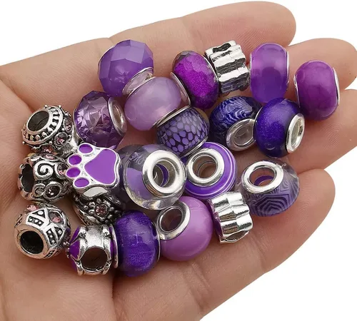 50 piezas de cuentas surtidas de resina púrpura de imitación de vidrio europeo con agujeros grandes, cuentas de diamantes de imitación de metal para