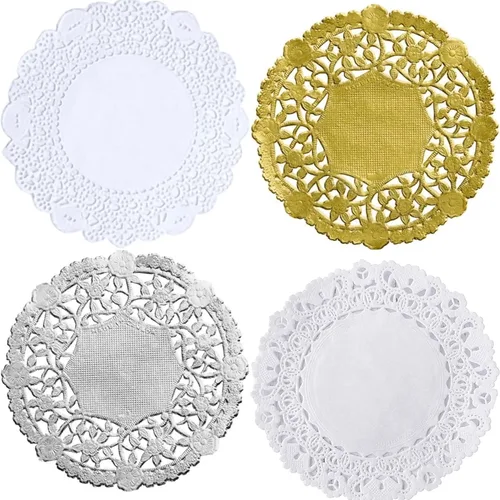 Paquete combinado de tapetes redondos de papel de 4 pulgadas, 100 unidades de encaje blanco y lámina plateada metálica y dorada, decoración de mesa