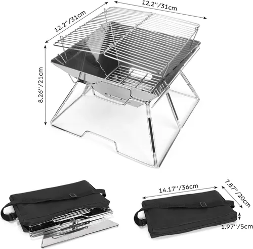 Miniatura 4 de Odoland Parrilla plegable para fogata, parrilla de acero inoxidable 304, parrilla de camping portátil con patas para pícnics, mochileros, al aire