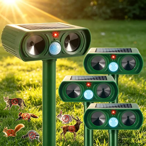 Repelente de animales ultrasónico solar actualizado 2026 para exteriores, dispositivos repelentes de ciervos y gatos, impermeables, con sensor de