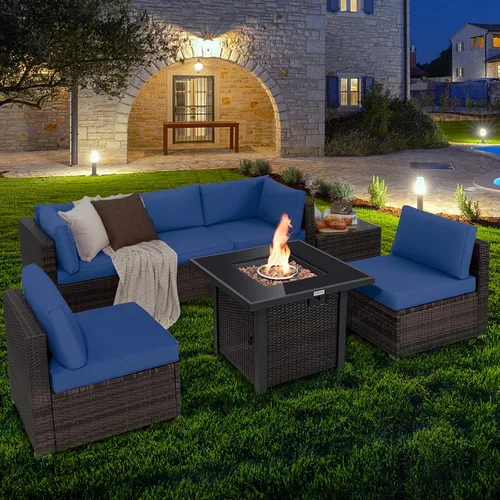 Miniatura 2 de Tangkula Juego de muebles de patio de 7 piezas con mesa para fogata, 50,000 BTU 32 pulgadas de propano con cubierta impermeable, juego de mimbre