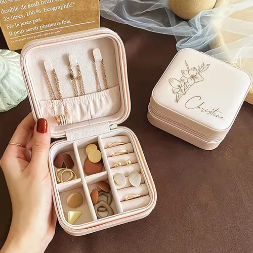 Miniatura 7 de Bemaystar Regalos personalizados para mujer Joyero personalizado, organizador de joyas de viaje pequeño portátil con flor de nacimiento y nombre