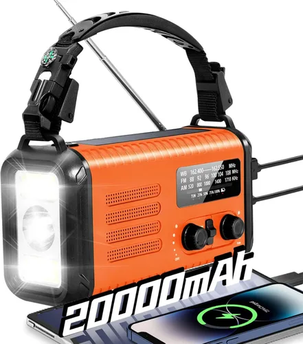 Miniatura 9 de Radio de emergencia de manivela, radio meteorológica de manivela solar de 20000 mAh / 74000 mWh con NOAA/AM/FM, radio alimentada por batería
