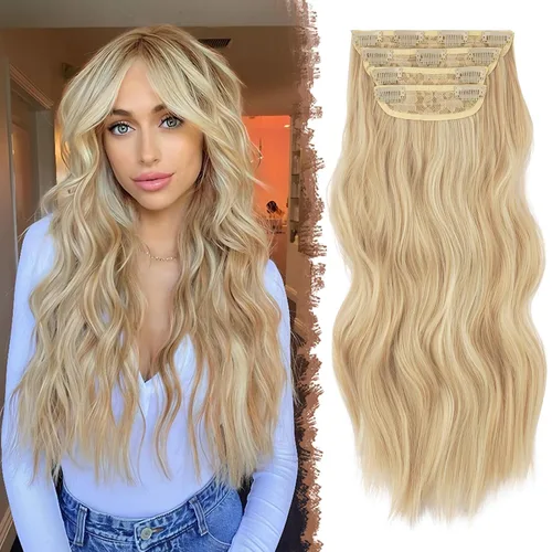 Miniatura 21 de FESHFEN Extensiones de cabello con clip - 4 piezas Extensiones de cabello sintético ondulado largo y grueso con clip para cabeza completa