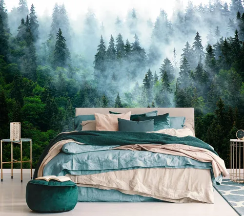 Papel tapiz de bosque brumoso desprendible y adhesivo Mural autoadhesivo de bosque nebuloso para sala de estar, dormitorio 82"x57"