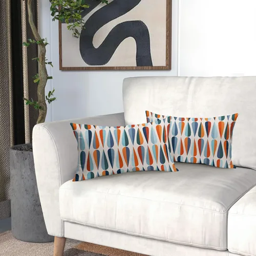 Miniatura 4 de Juego de 2 fundas de almohada lumbar de mediados de siglo de 12 x 20 pulgadas, con forma de gota azul y naranja, fundas rectangulares modernas retro