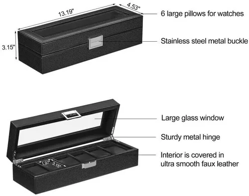 Miniatura 7 de BEWISHOME Caja de reloj para hombres Organizador de reloj con 6 ranuras, funda de reloj, diseño de fibra de carbono, parte superior de vidrio real