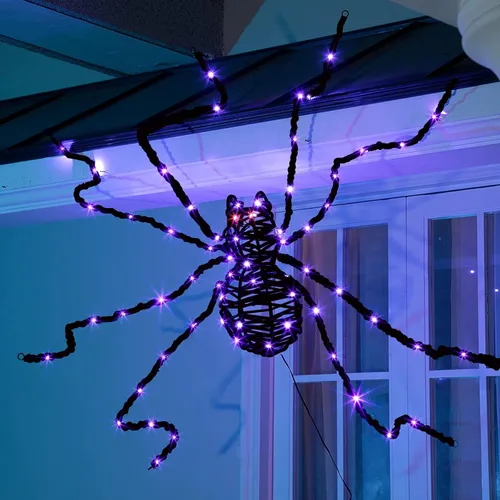 EAMBRITE Decoraciones de Halloween para exteriores, araña gigante aterradora flexible de 5 pies con 83 luces moradas, araña falsa negra para