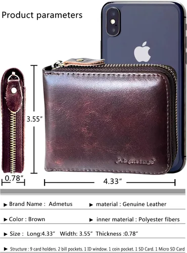 Miniatura 53 de Admetus - Cartera de piel auténtica para hombre con cremallera, plegable