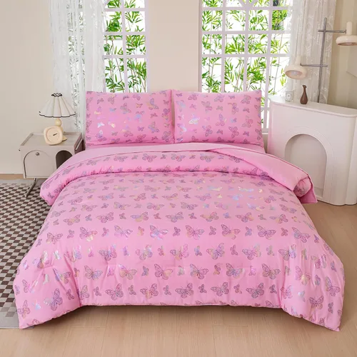 Miniatura 9 de Juego de edredón rosa individual, ropa de cama de 5 piezas en una bolsa individual para niñas adolescentes, juego de ropa de cama con volantes rosas