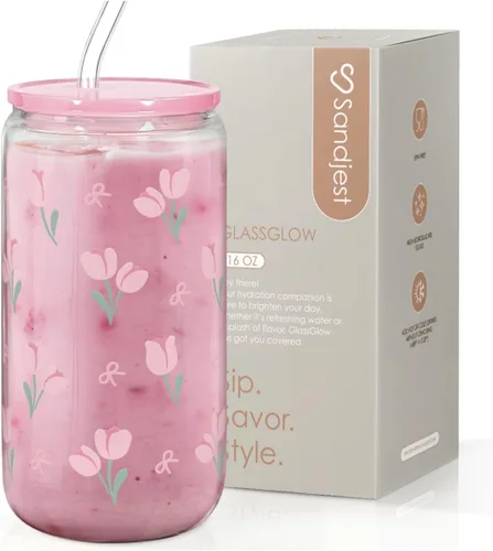 Miniatura 29 de SANDJEST Vaso de Vidrio con Margaritas en Patrón de Tablero de Ajedrez, Taza Floral a Cuadros con Tapa y Pajita, Tazas Estéticas de Café Helado