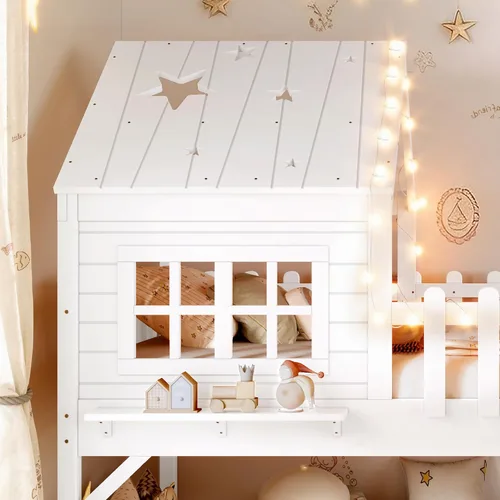 Miniatura 16 de Marco de cama de tamaño matrimonial para niños con escaleras, bonito techo y ventana en forma de estrella para niños y niñas, cama de plataforma