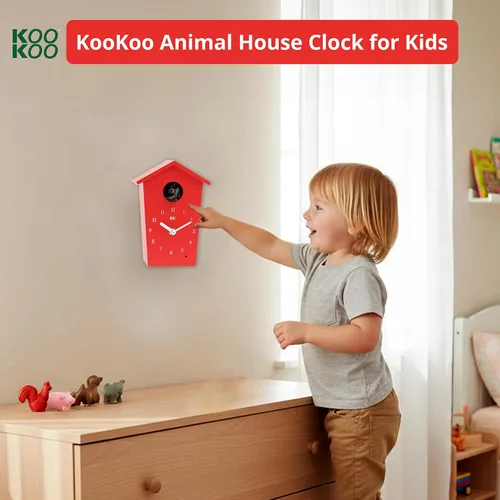 Miniatura 7 de KOOKOO AnimalHouse - Reloj de cuco pequeño, rojo, con 5 sonidos de animales de granja (grabaciones de campo naturales)