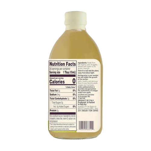 Miniatura 2 de De Nigris Vinagre de Manzana Orgánico Crudo y Sin Filtro 500ml (16,9 Oz) Vinagre de Manzana con Madre, una Fuente de Elementos Funcionales