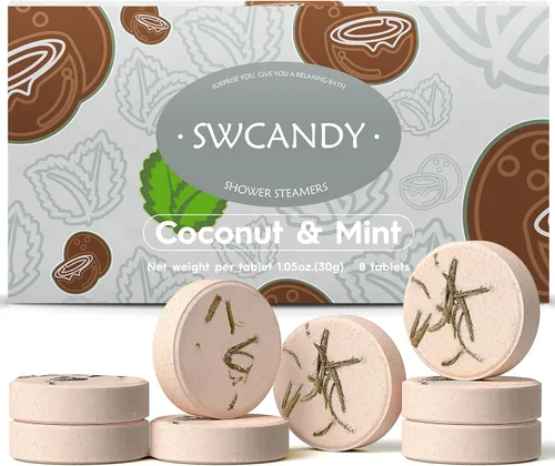 SWCANDY - Vaporizadores de ducha de aromaterapia, regalos de cumpleaños para mujeres, esenciales de viaje, 8 piezas de menta de coco, bombas de baño