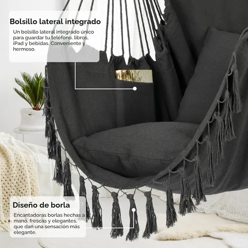 Miniatura 6 de Y- STOP Silla Hamaca Colgante Columpio de Cuerda, Máximo 500 Libras, 2 Cojines Incluidos, Silla Colgante Grande de Macramé con Bolsillo, Tejido