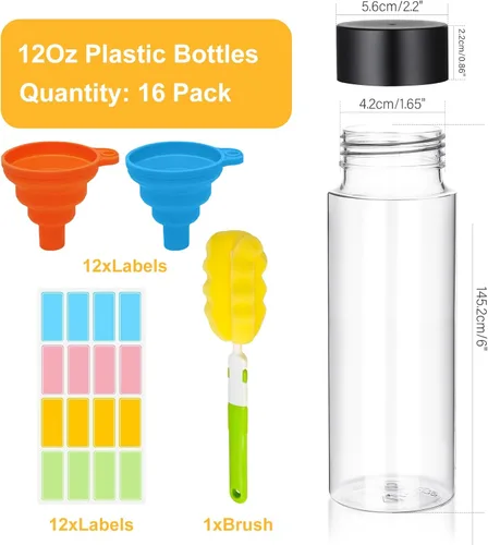 Miniatura 2 de DI QIU REN Paquete de 16 botellas de plástico transparente, botellas sensoriales vacías con tapas, botellas de jugo reutilizables, recipientes