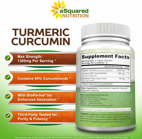 Miniatura 5 de aSquared Nutrition Curcumina de cúrcuma de 1300 mg con suplemento de extracto de pimienta negra BioPerine - 60 cápsulas - con 95% de curcuminoides
