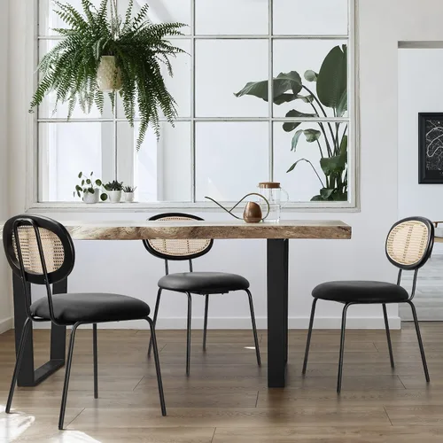Miniatura 9 de Juego de 2 sillas de comedor con respaldo de ratán moderno de mediados de siglo, sillas laterales de cocina tapizadas de cuero negro con patas