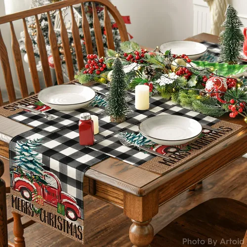 Miniatura 5 de Artoid Mode Manteles Individuales de Camión a Cuadros Buffalo Plaid Feliz Navidad Juego de 4, 12x18 Pulgadas Manteles de Mesa de Árbol de Navidad